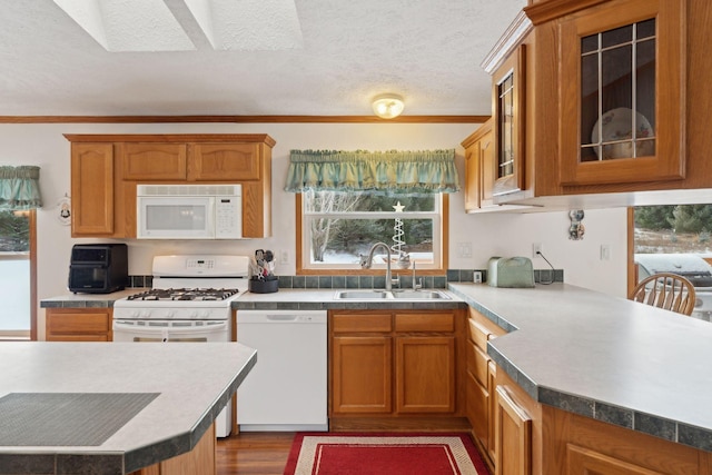 kitchen with crown molding, white appliances, sink, and a textured ceiling