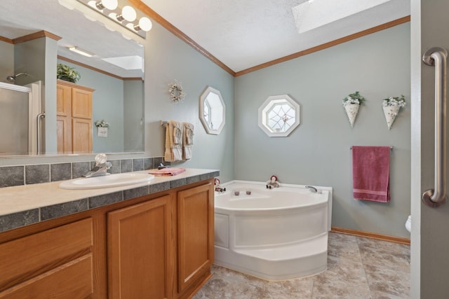 bathroom with crown molding, a skylight, a textured ceiling, vanity, and plus walk in shower