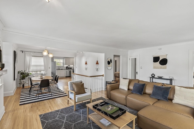 living room featuring ornamental molding and light wood-type flooring