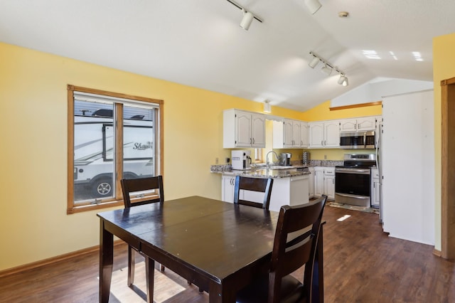 dining space featuring sink, rail lighting, vaulted ceiling, and dark hardwood / wood-style floors