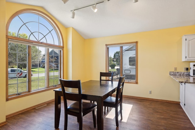 dining area with track lighting, vaulted ceiling, and dark wood-type flooring