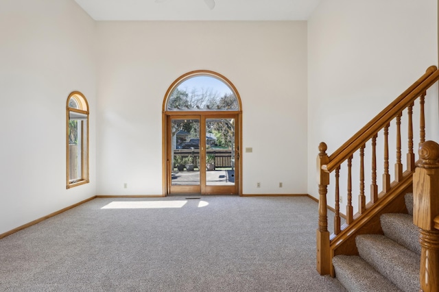 foyer with a towering ceiling and carpet floors