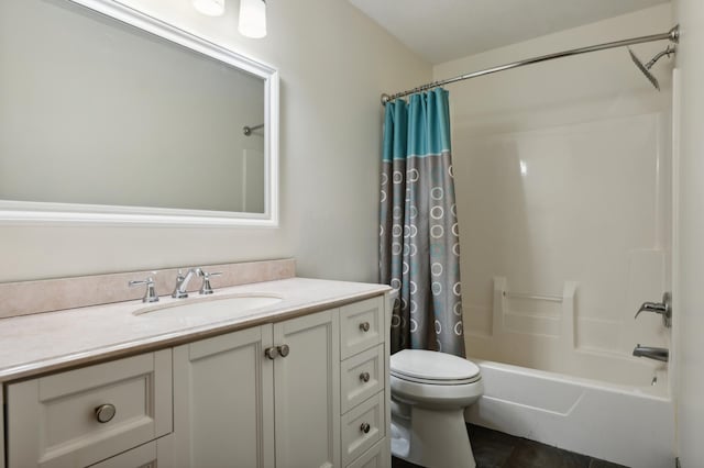 full bathroom featuring shower / tub combo, tile patterned flooring, vanity, and toilet