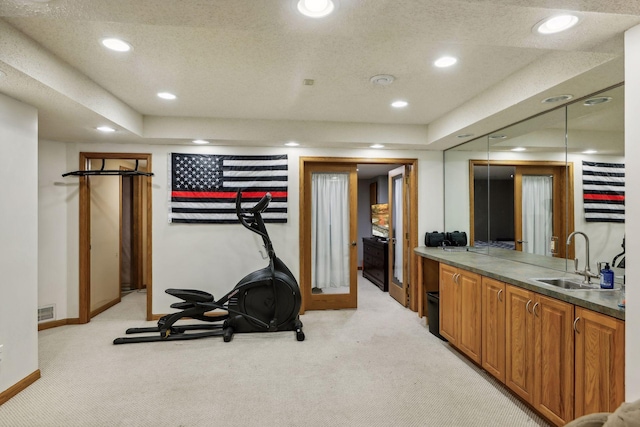 exercise area featuring sink, a textured ceiling, and light colored carpet