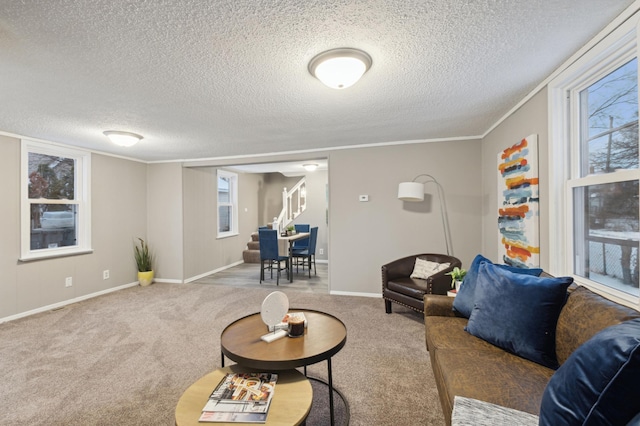 carpeted living room featuring a textured ceiling and crown molding