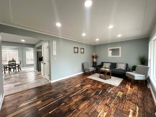 living room with a textured ceiling and dark wood-type flooring