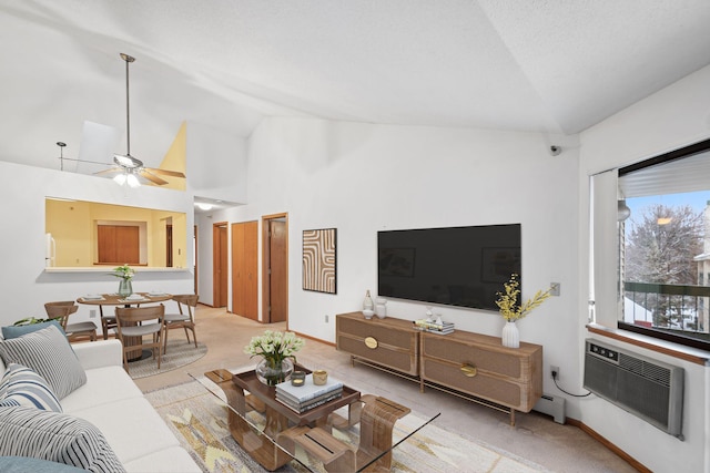 carpeted living room with a wall unit AC, ceiling fan, high vaulted ceiling, and a baseboard heating unit