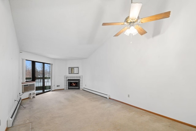 unfurnished living room with baseboard heating, a fireplace, a wall unit AC, and light colored carpet