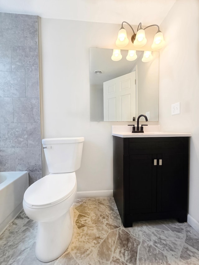 full bathroom featuring vanity, bathtub / shower combination, and toilet