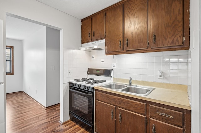 kitchen featuring gas range, wood-type flooring, sink, and tasteful backsplash