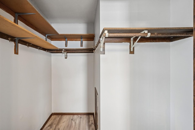 walk in closet with light hardwood / wood-style flooring