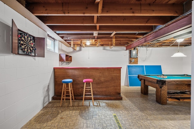 playroom with indoor bar, pool table, and electric panel