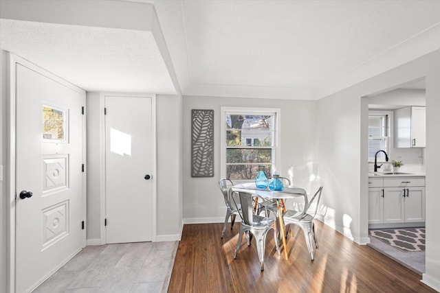 dining room with light hardwood / wood-style floors and sink