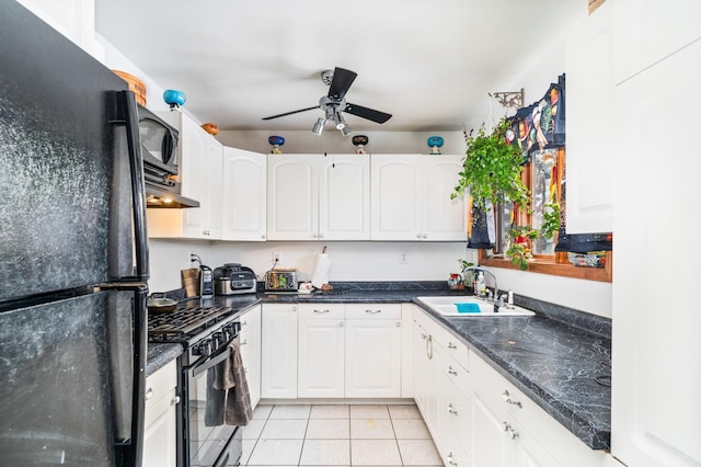 kitchen with ceiling fan, sink, light tile patterned floors, white cabinets, and black appliances