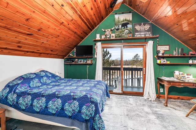 bedroom featuring access to exterior, lofted ceiling, and wood ceiling