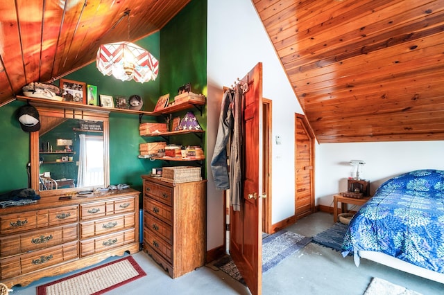 bedroom with lofted ceiling and wood ceiling