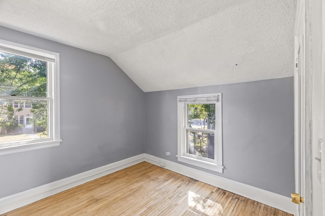 additional living space with wood-type flooring, a textured ceiling, and lofted ceiling