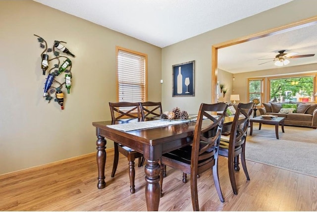 dining space with plenty of natural light, light hardwood / wood-style floors, and ceiling fan