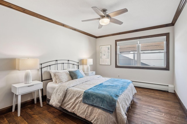 bedroom featuring ceiling fan, ornamental molding, dark wood-type flooring, and a baseboard heating unit