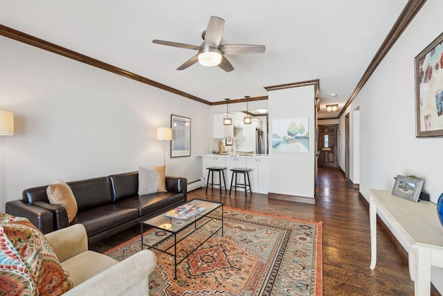 living room with crown molding, ceiling fan, dark wood-type flooring, and a baseboard radiator