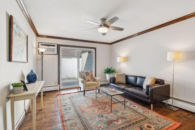 living room with ceiling fan, dark hardwood / wood-style flooring, an AC wall unit, and crown molding