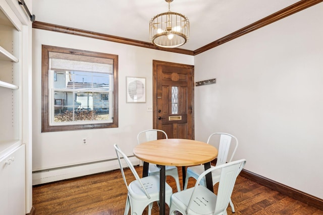 dining space with a barn door, dark hardwood / wood-style flooring, a notable chandelier, a baseboard heating unit, and crown molding