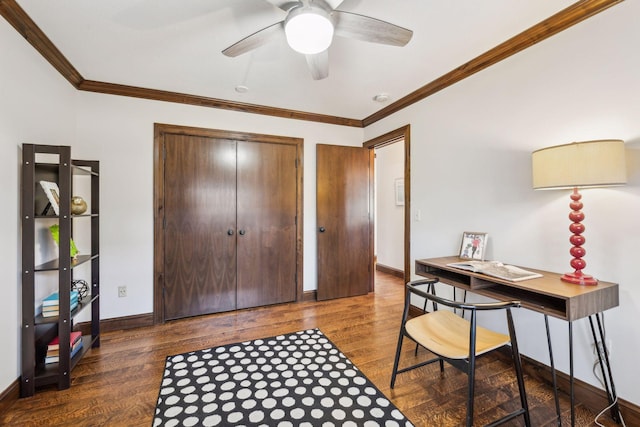 home office with dark hardwood / wood-style floors, ceiling fan, and ornamental molding