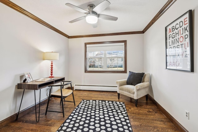 office area with ceiling fan, dark hardwood / wood-style floors, crown molding, and baseboard heating