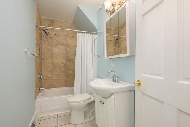 bathroom featuring toilet, tile patterned floors, visible vents, vanity, and shower / tub combo with curtain