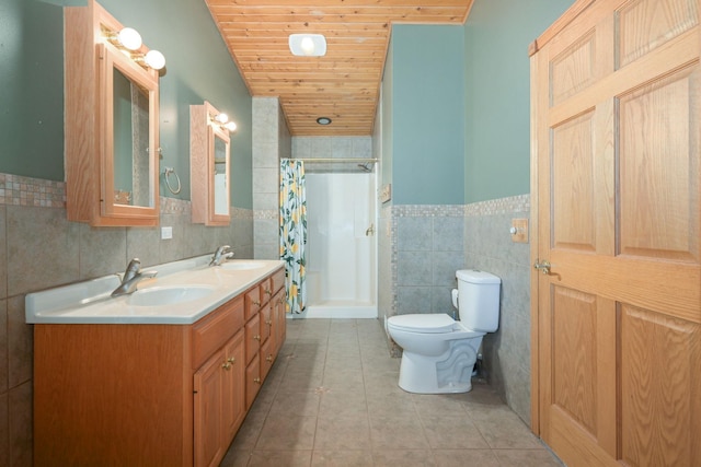 full bathroom with tile walls, toilet, wood ceiling, curtained shower, and a sink