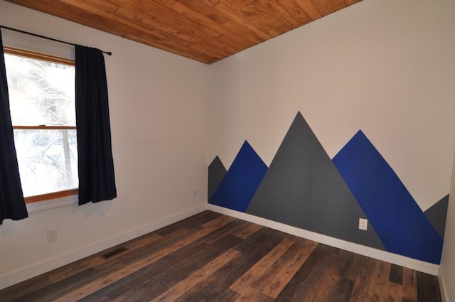 unfurnished room with wood ceiling and dark hardwood / wood-style floors