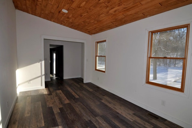 empty room with lofted ceiling, wooden ceiling, and dark hardwood / wood-style floors