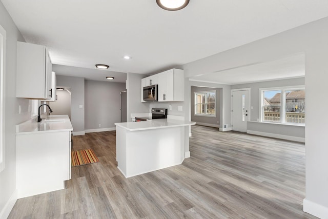 kitchen featuring white cabinets, stainless steel appliances, light hardwood / wood-style floors, sink, and kitchen peninsula