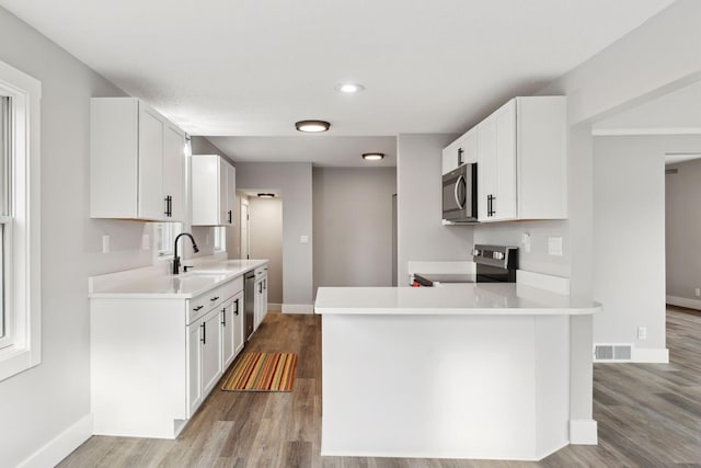 kitchen with sink, stainless steel appliances, white cabinetry, and kitchen peninsula