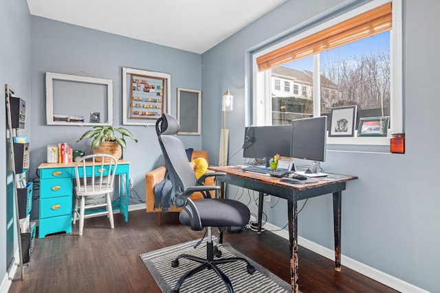 home office with dark wood-type flooring