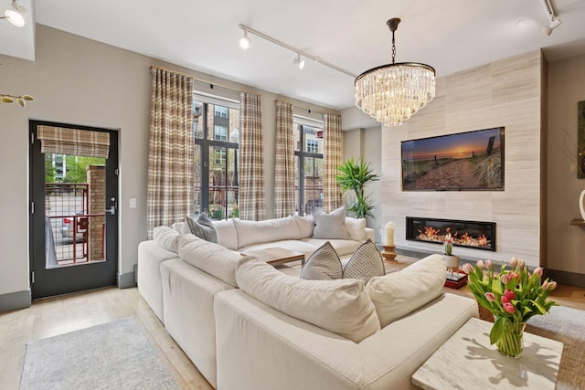 living area featuring plenty of natural light, rail lighting, and light wood-style flooring