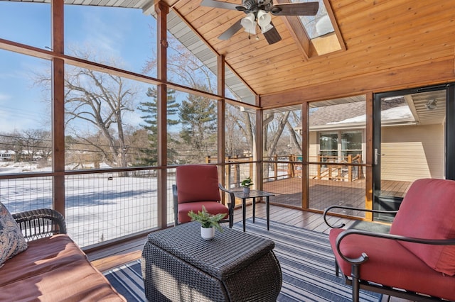 sunroom / solarium featuring lofted ceiling with skylight, wooden ceiling, and a ceiling fan