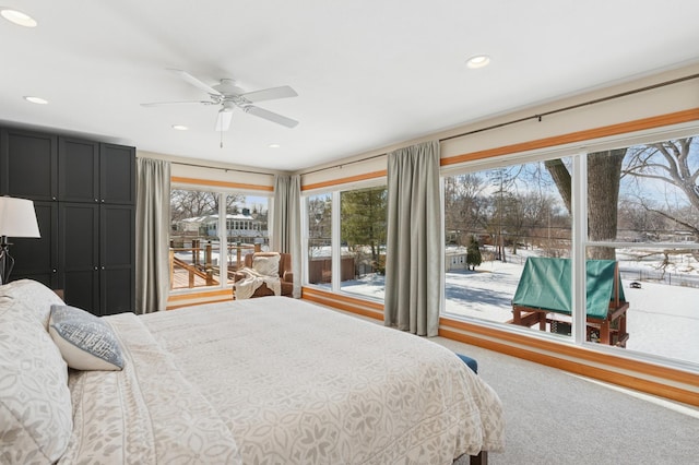 bedroom featuring recessed lighting, ceiling fan, and carpet floors