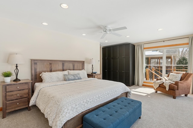 bedroom with a ceiling fan, recessed lighting, and light carpet