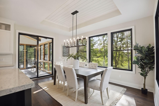 dining space featuring a tray ceiling, wooden ceiling, and dark hardwood / wood-style floors