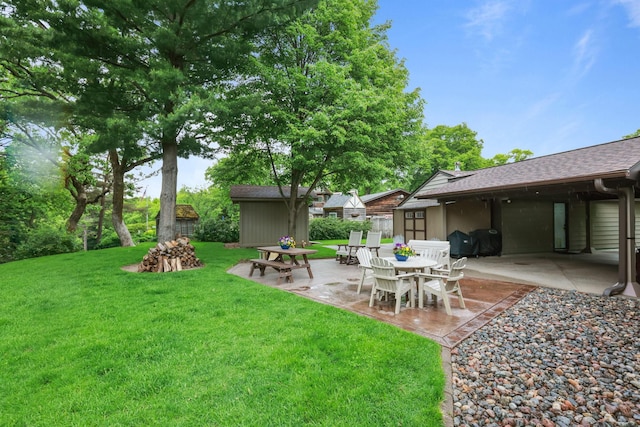 19018 Troy St NW, Elk River, MN 55330 - view of grassy yard with a patio and a storage unit