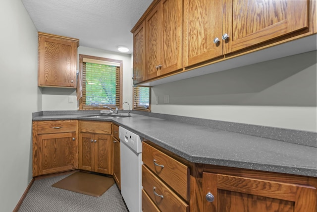 19018 Troy St NW, Elk River, MN 55330 - kitchen with white dishwasher, brown cabinetry, a textured ceiling, and carpet