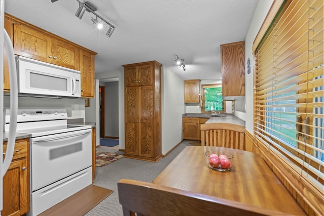 19018 Troy St NW, Elk River, MN 55330 - kitchen featuring white appliances, rail lighting, and brown cabinets
