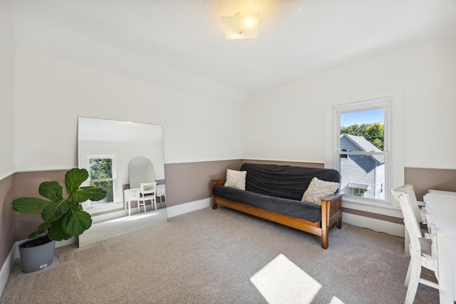 sitting room featuring light carpet and lofted ceiling