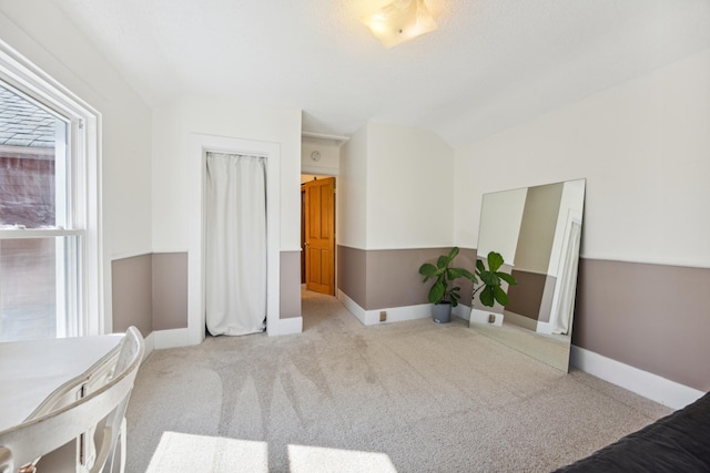 carpeted empty room featuring lofted ceiling