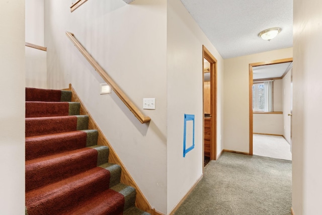 staircase featuring a textured ceiling and carpet floors