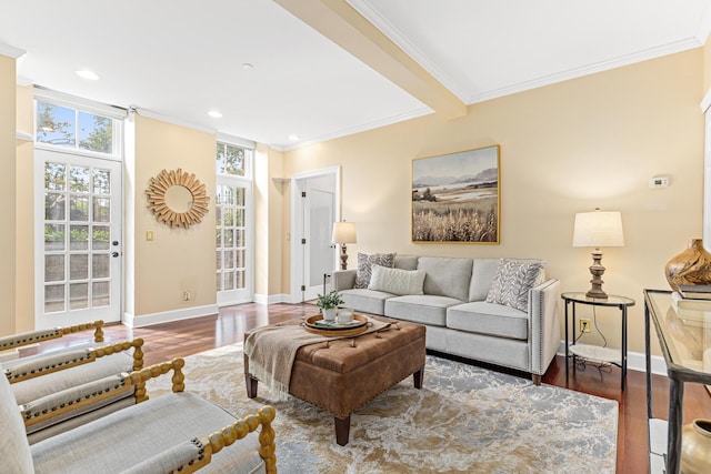 living room featuring ornamental molding and dark wood-type flooring