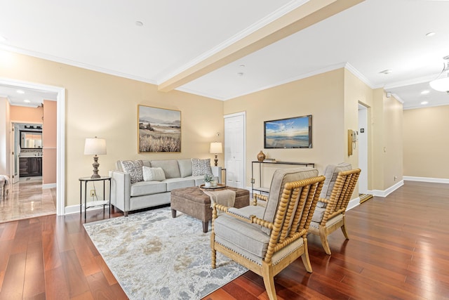 living room with dark hardwood / wood-style floors and crown molding