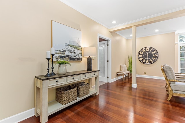 corridor with dark hardwood / wood-style floors and crown molding