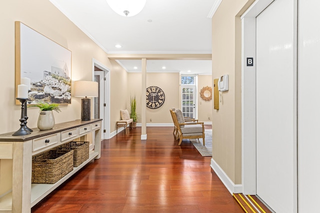 hallway featuring elevator, dark wood-type flooring, and ornamental molding